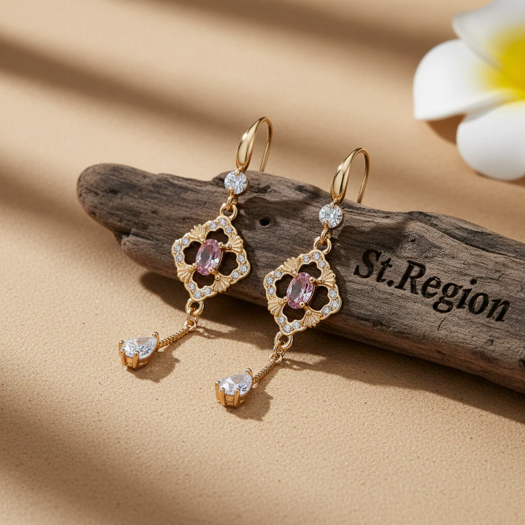 Pink Crystal & Cubic Zirconia Goldtone Rhombus Drop Dangle Earrings - Image 2