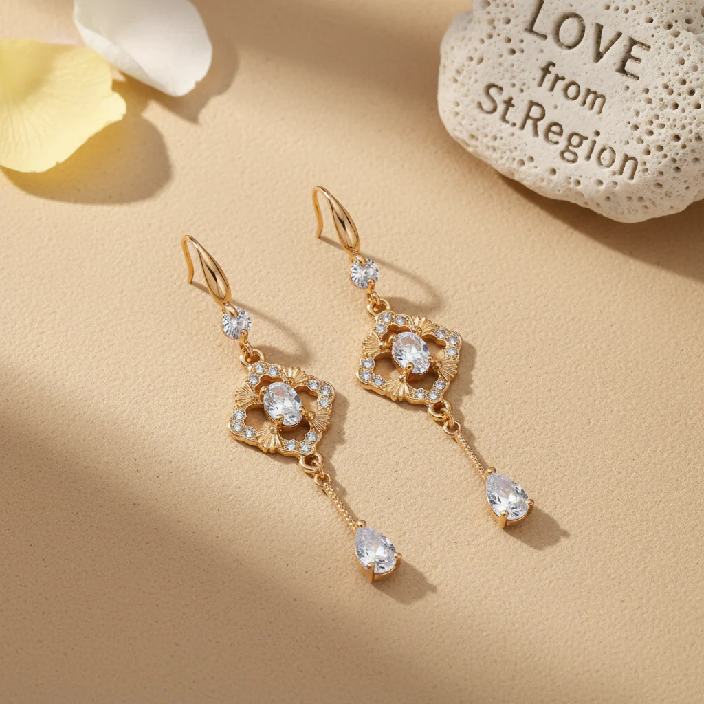 White Crystal & Cubic Zirconia Goldtone Rhombus Drop Dangle Earrings - Image 4