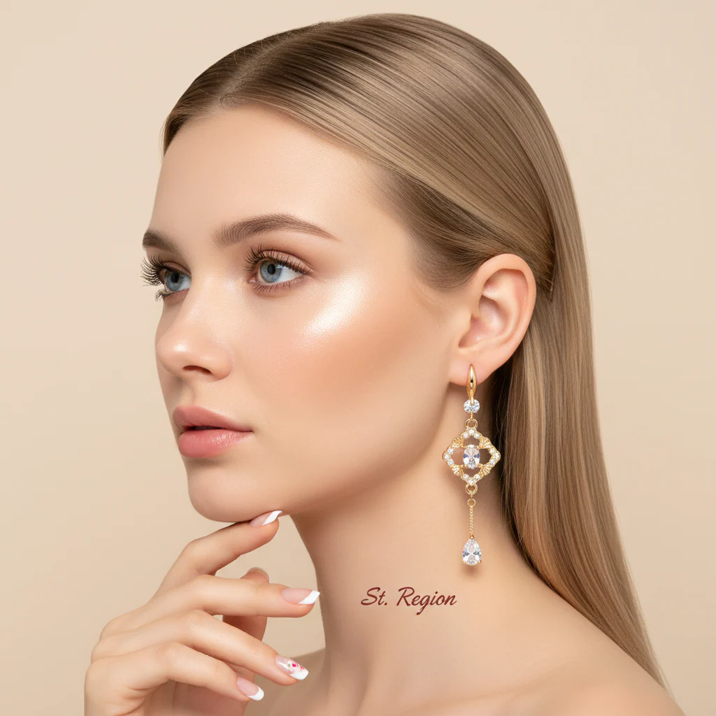 White Crystal & Cubic Zirconia Goldtone Rhombus Drop Dangle Earrings - Image 5
