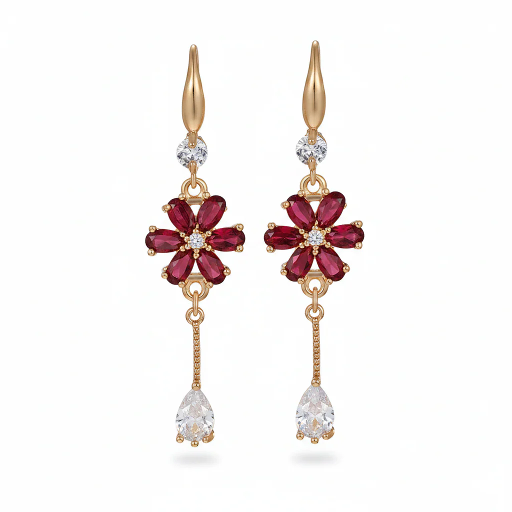 Red Crystal & Cubic Zirconia Goldtone Flower Drop Hook Earrings