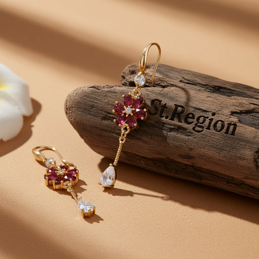 Red Crystal & Cubic Zirconia Goldtone Flower Drop Hook Earrings - Image 2