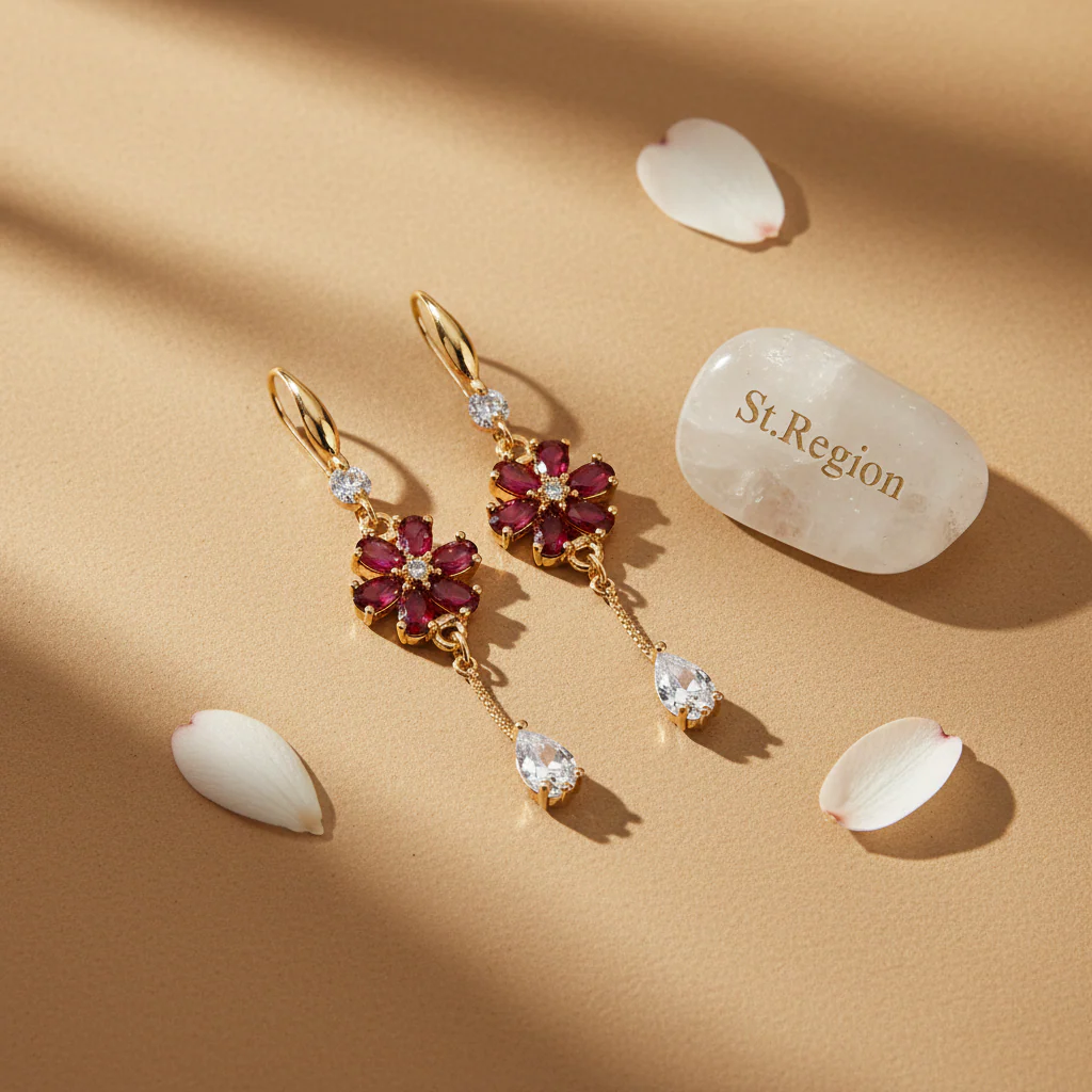 Red Crystal & Cubic Zirconia Goldtone Flower Drop Hook Earrings - Image 3