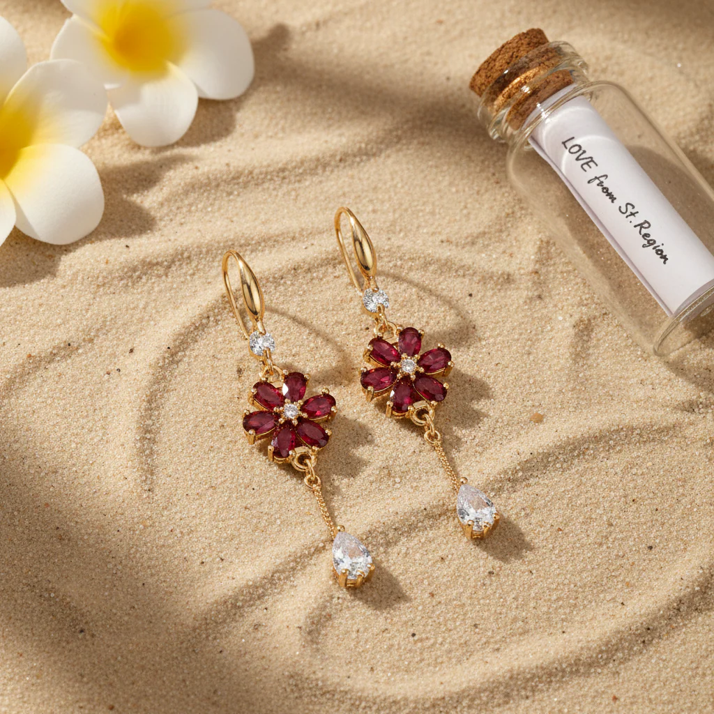 Red Crystal & Cubic Zirconia Goldtone Flower Drop Hook Earrings - Image 4