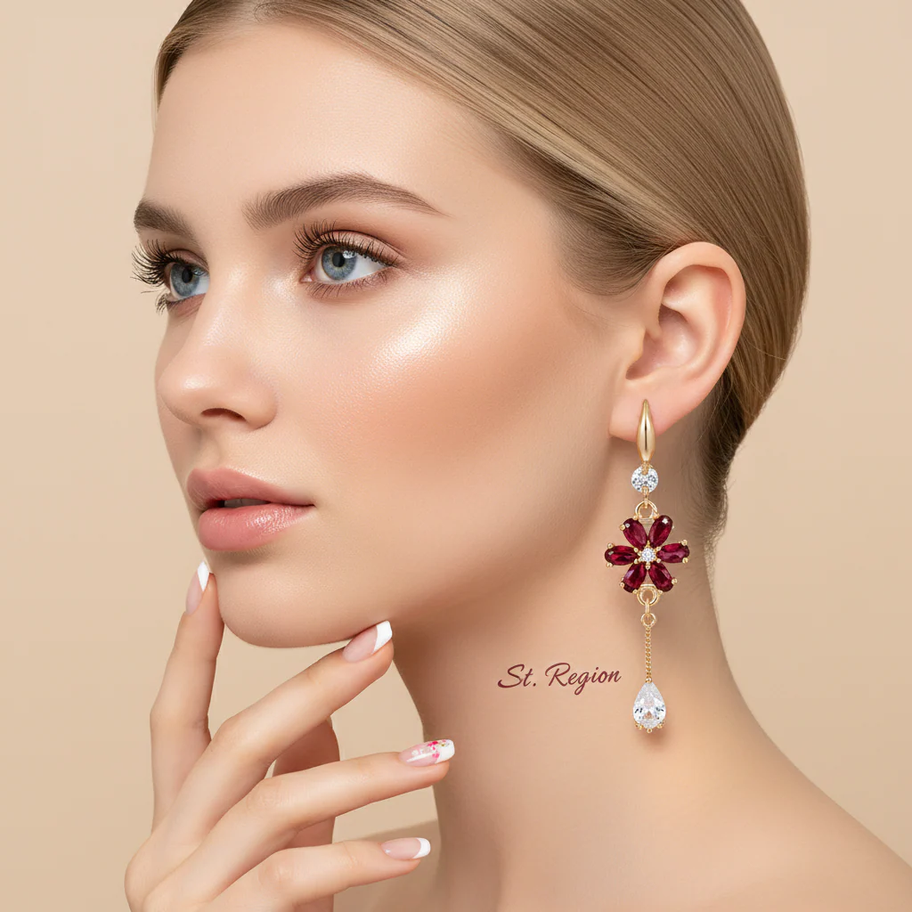 Red Crystal & Cubic Zirconia Goldtone Flower Drop Hook Earrings - Image 5
