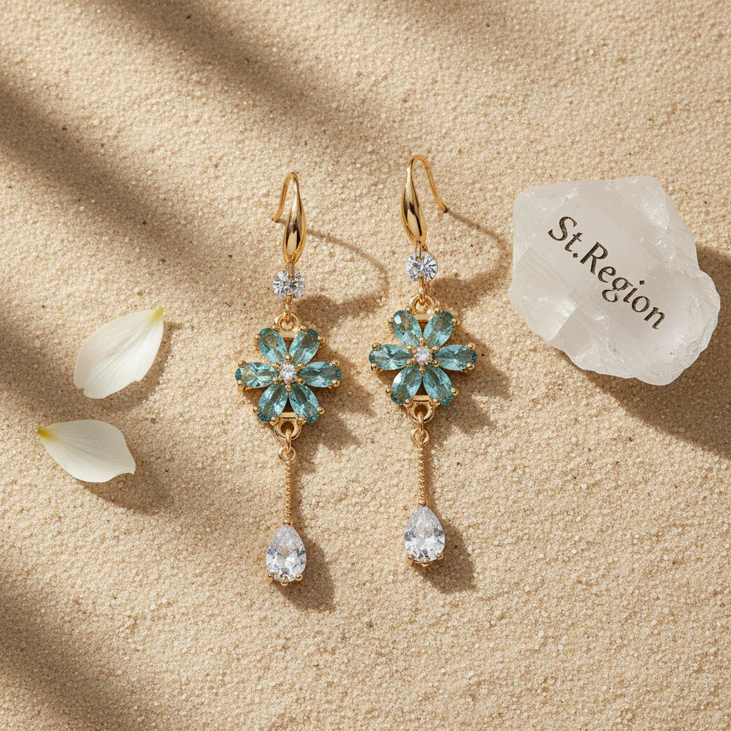 Sea Blue Crystal & Cubic Zirconia Goldtone Flower Drop Hook Earrings - Image 3
