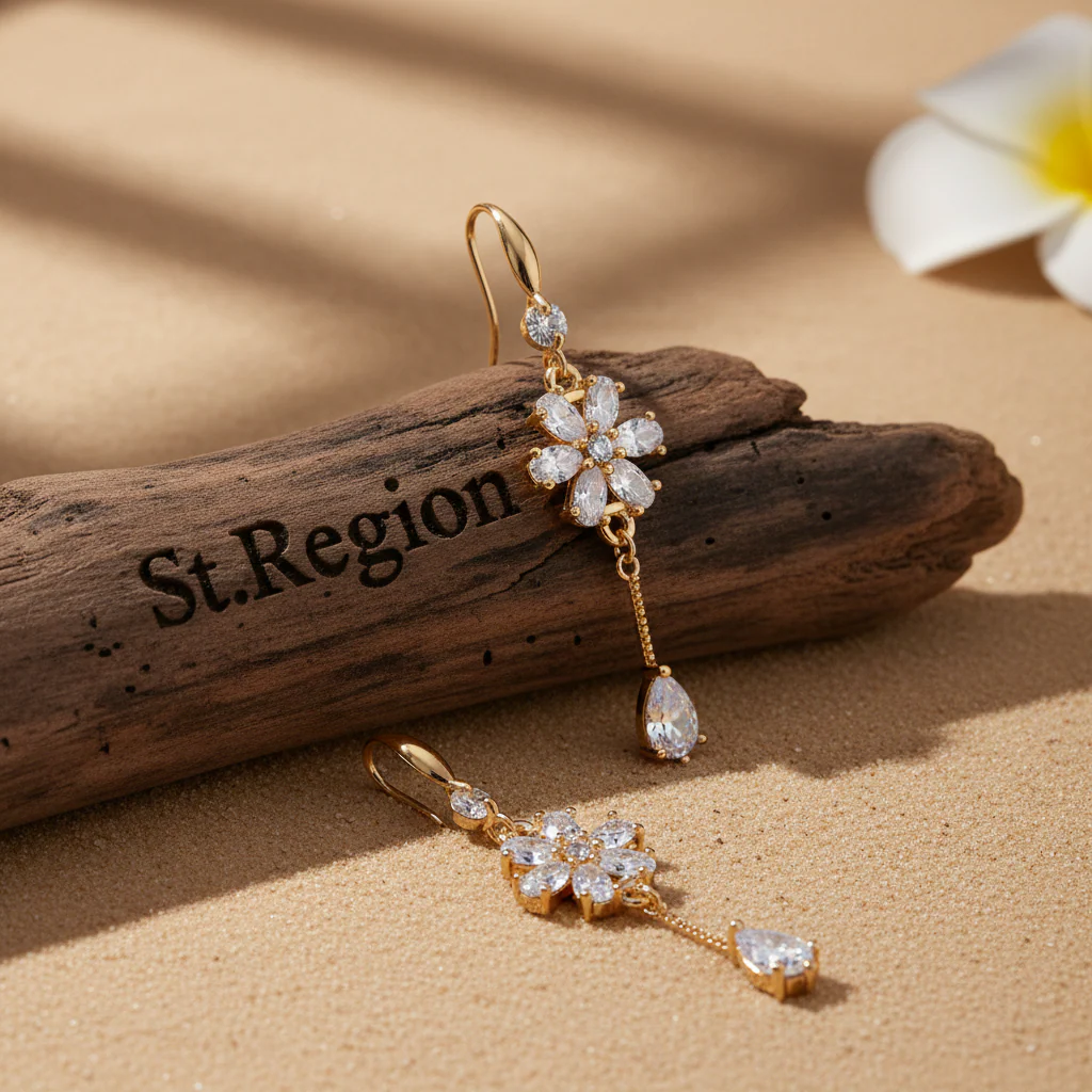 White Crystal & Cubic Zirconia Goldtone Flower Drop Hook Earrings - Image 2