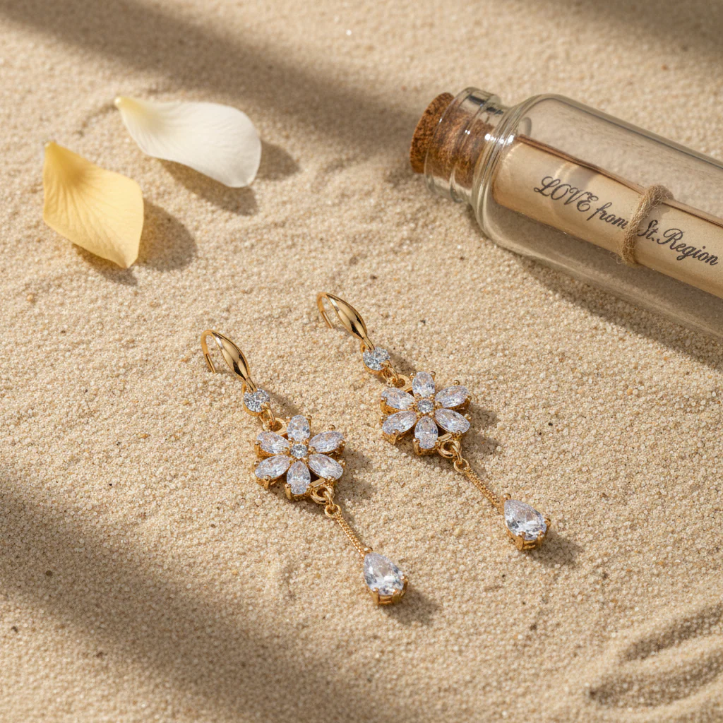 White Crystal & Cubic Zirconia Goldtone Flower Drop Hook Earrings - Image 4