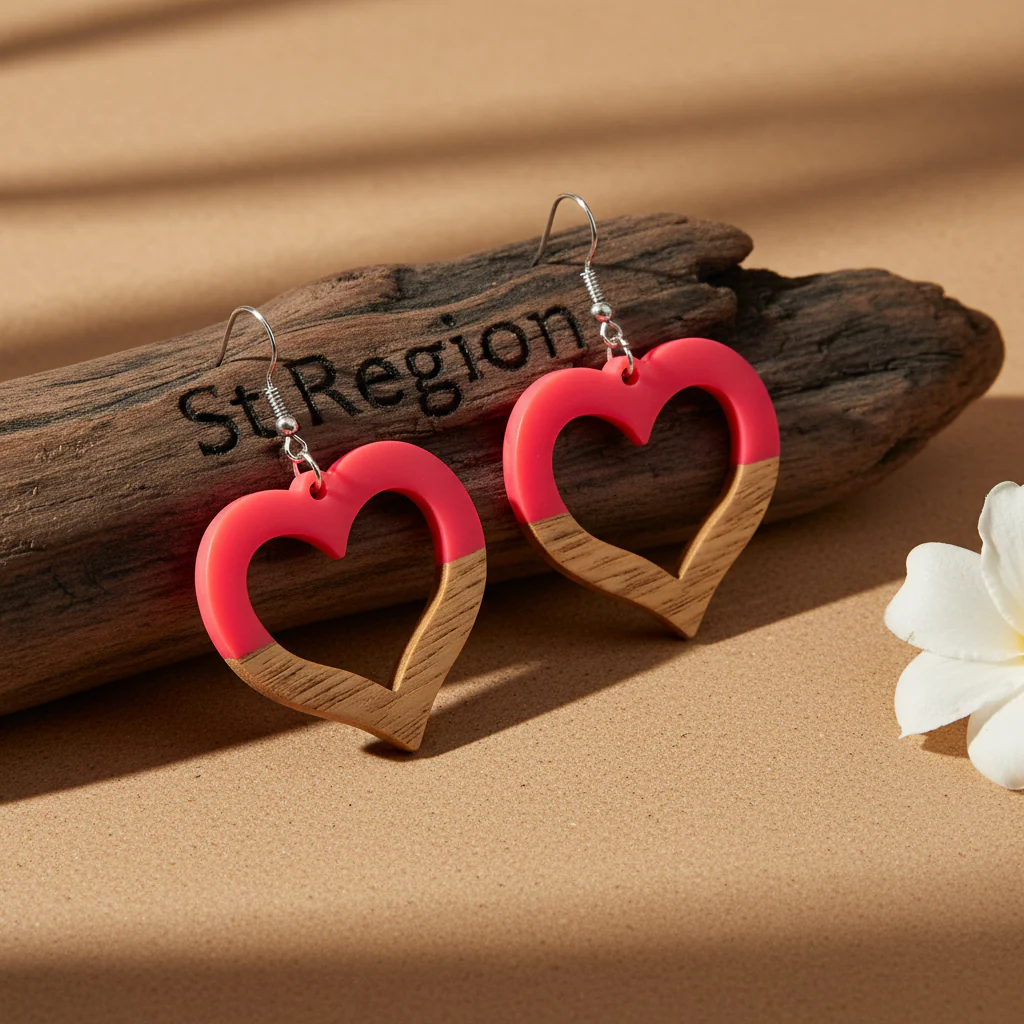 Rose Resin & Wood Silvertone Open Heart Hook Earrings - Image 2