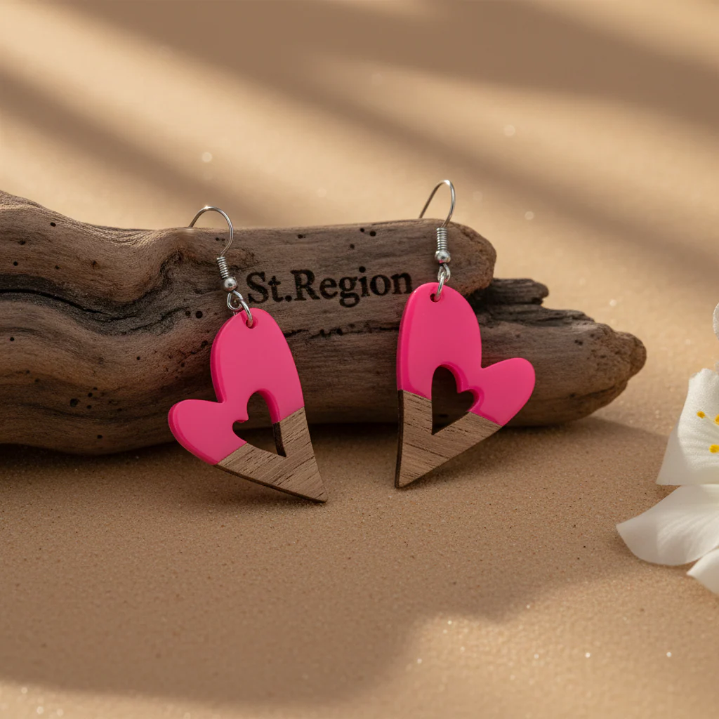 Rose Resin & Wood Silvertone Heart Hook Earrings - Image 2