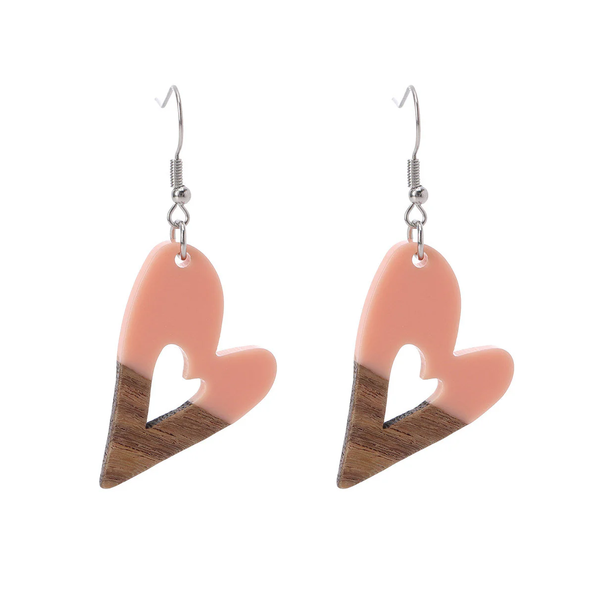 Pink Resin & Wood Silvertone Heart Hook Earrings