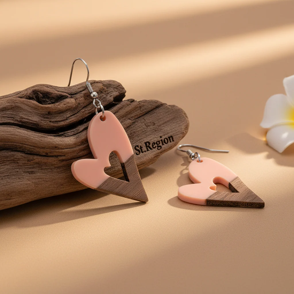 Pink Resin & Wood Silvertone Heart Hook Earrings - Image 2