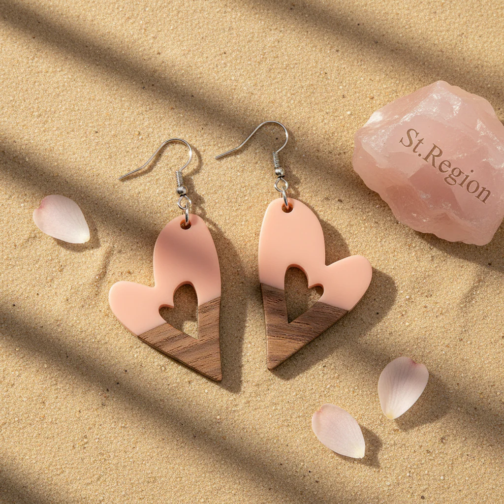 Pink Resin & Wood Silvertone Heart Hook Earrings - Image 3