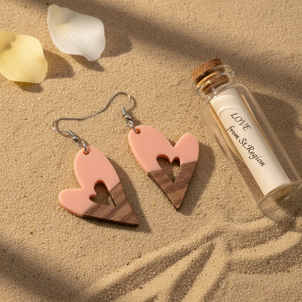 Pink Resin & Wood Silvertone Heart Hook Earrings - Image 4