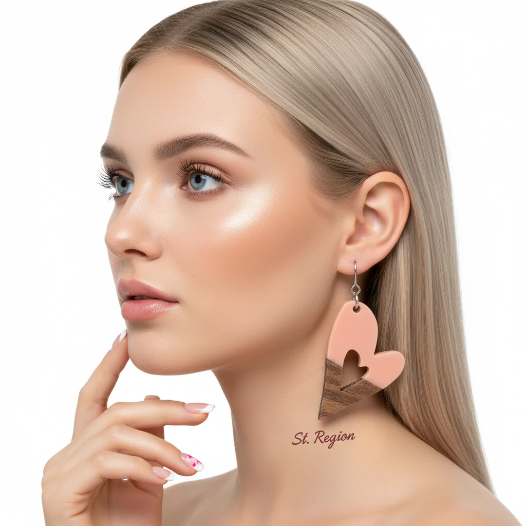 Pink Resin & Wood Silvertone Heart Hook Earrings - Image 5