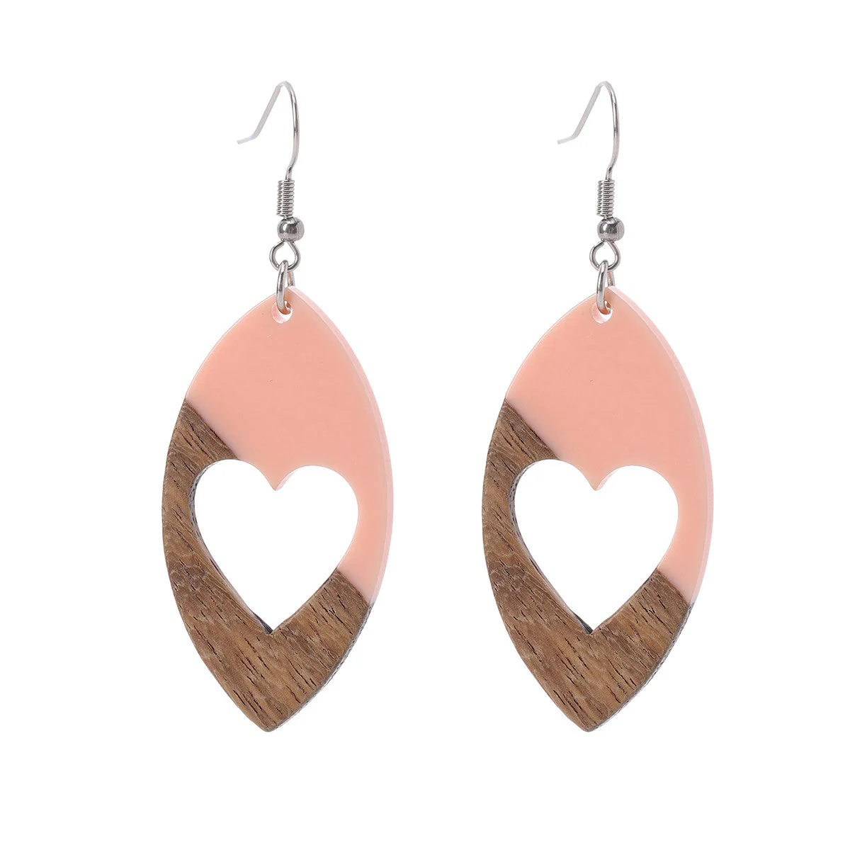 Pink Resin & Wood Silvertone Heart Leaf Hook Earrings
