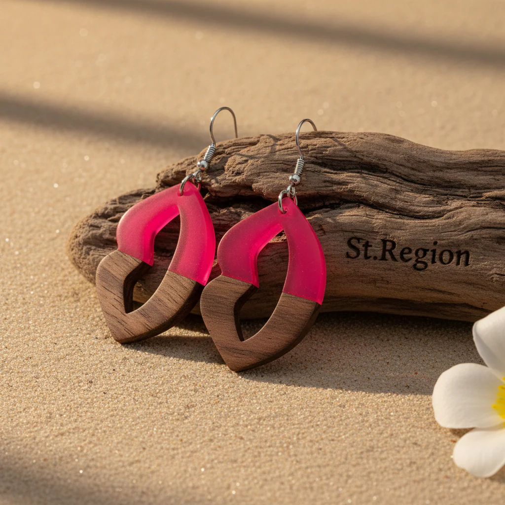 Rose Resin & Wood Silvertone Lips Hook Earrings - Image 2