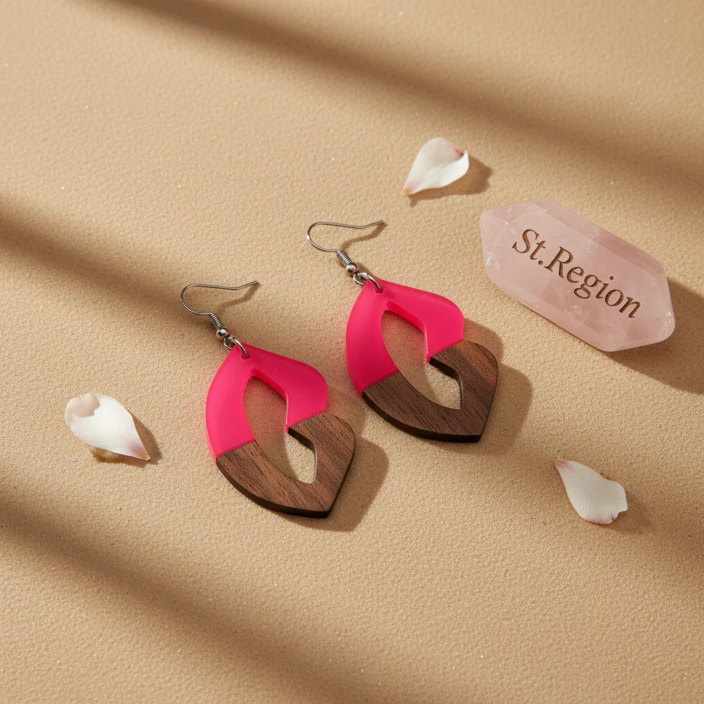 Rose Resin & Wood Silvertone Lips Hook Earrings - Image 3