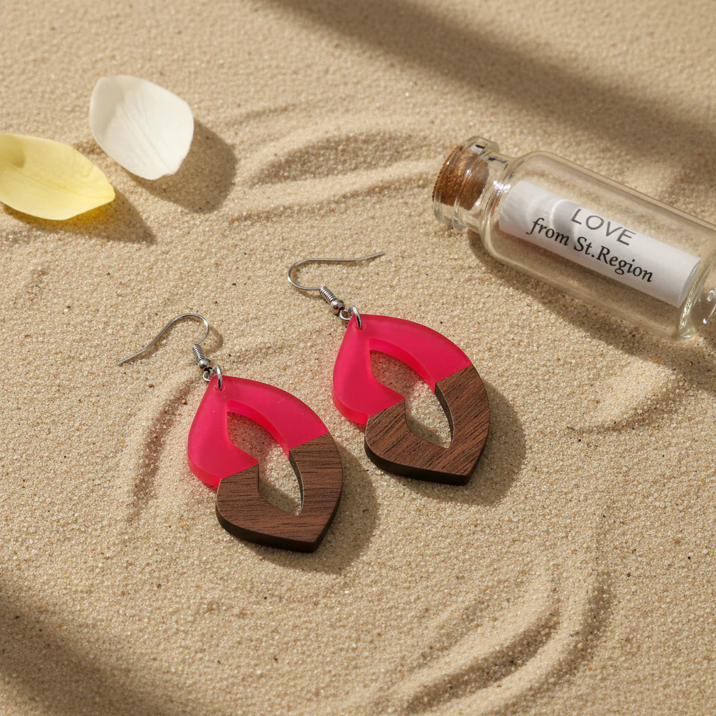 Rose Resin & Wood Silvertone Lips Hook Earrings - Image 4