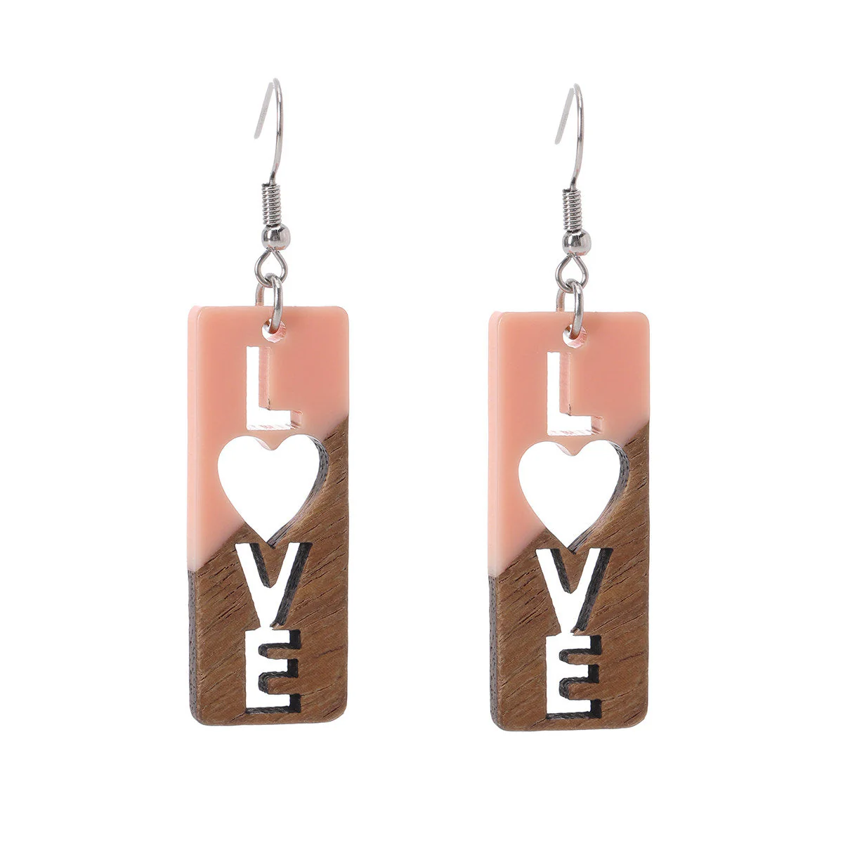 Pink Resin & Wood Silvertone 'Love' Hook Earrings