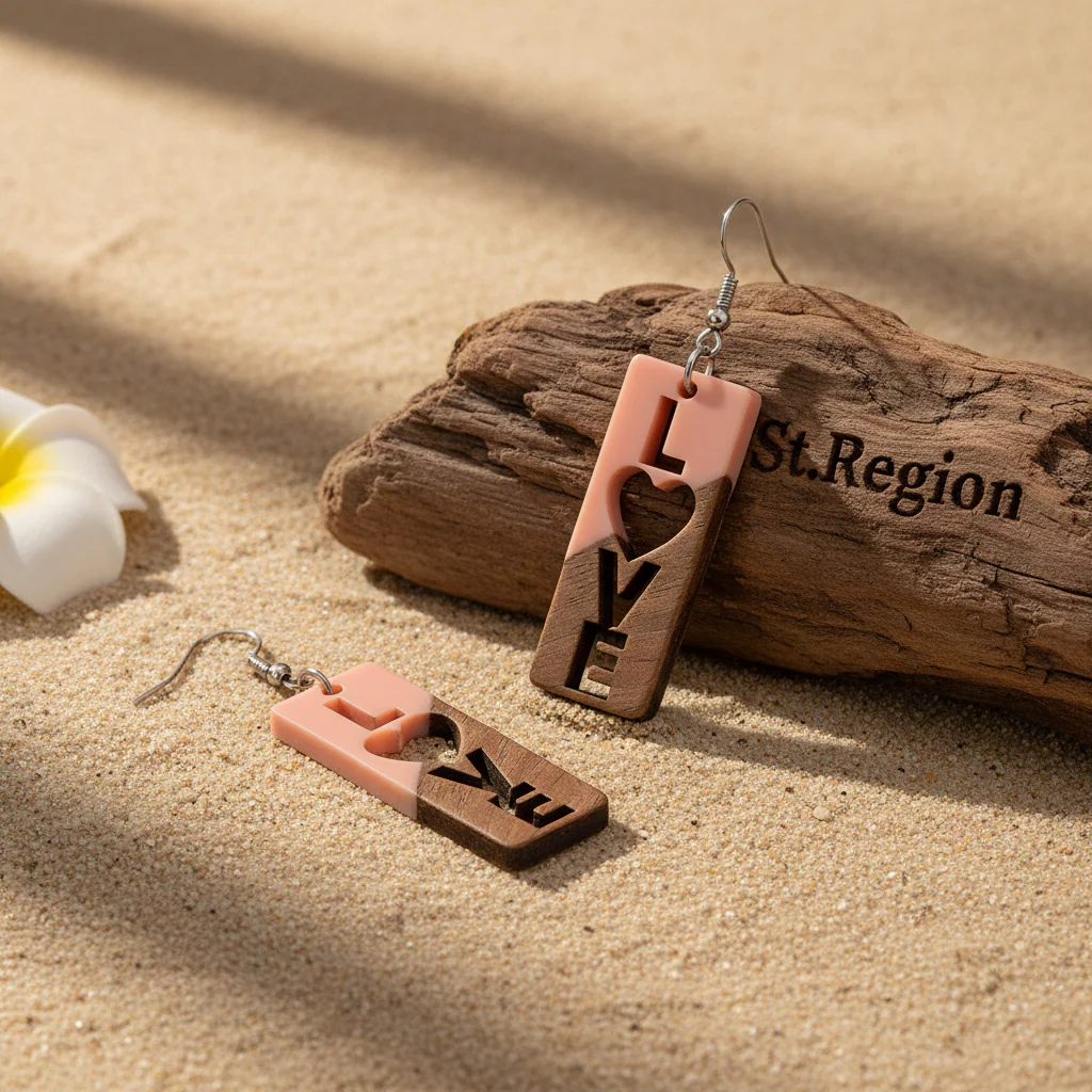 Pink Resin & Wood Silvertone 'Love' Hook Earrings - Image 2