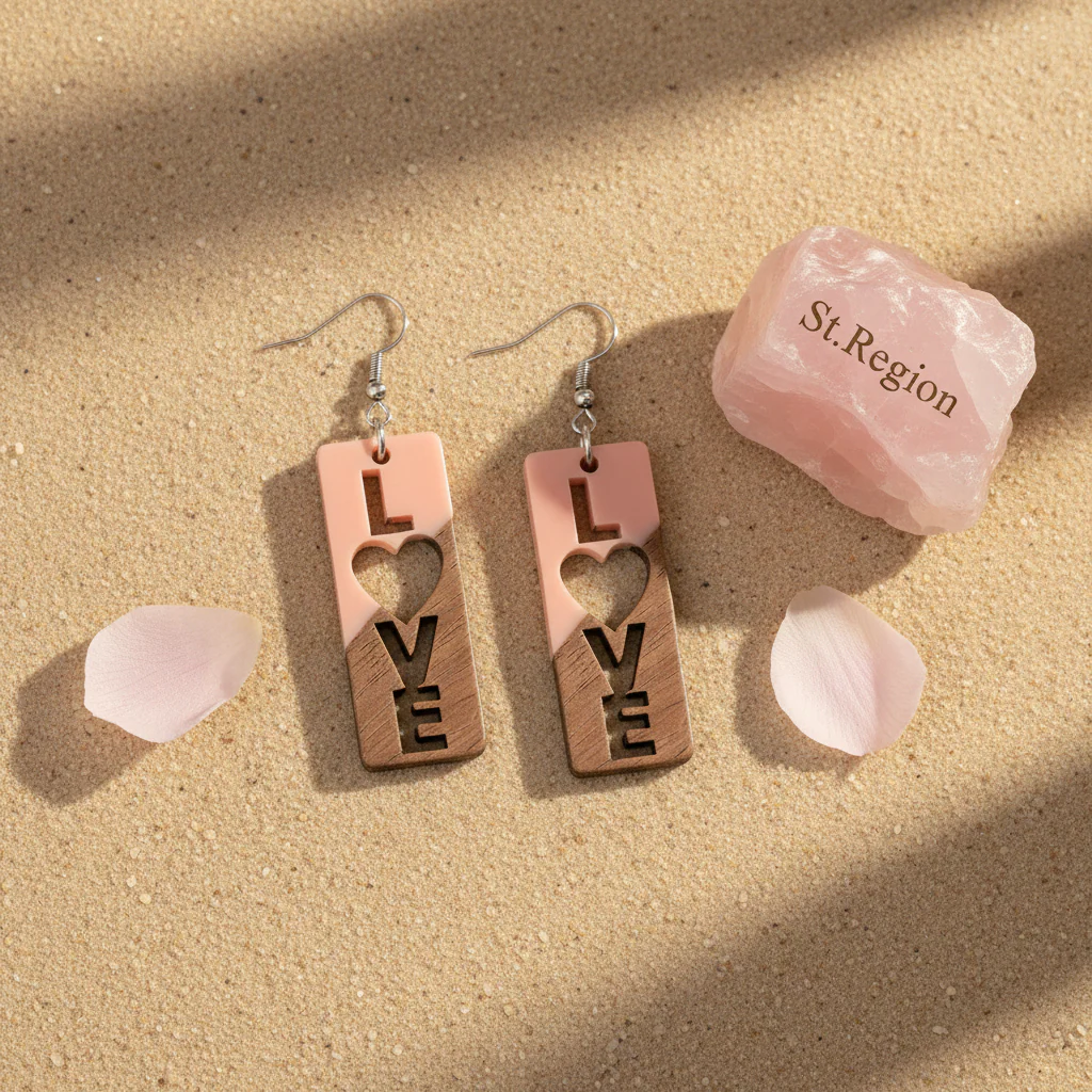 Pink Resin & Wood Silvertone 'Love' Hook Earrings - Image 3