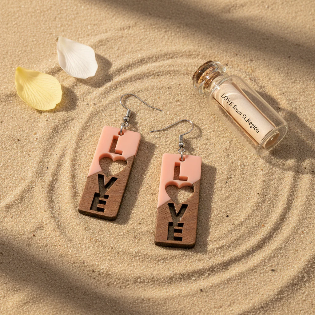 Pink Resin & Wood Silvertone 'Love' Hook Earrings - Image 4