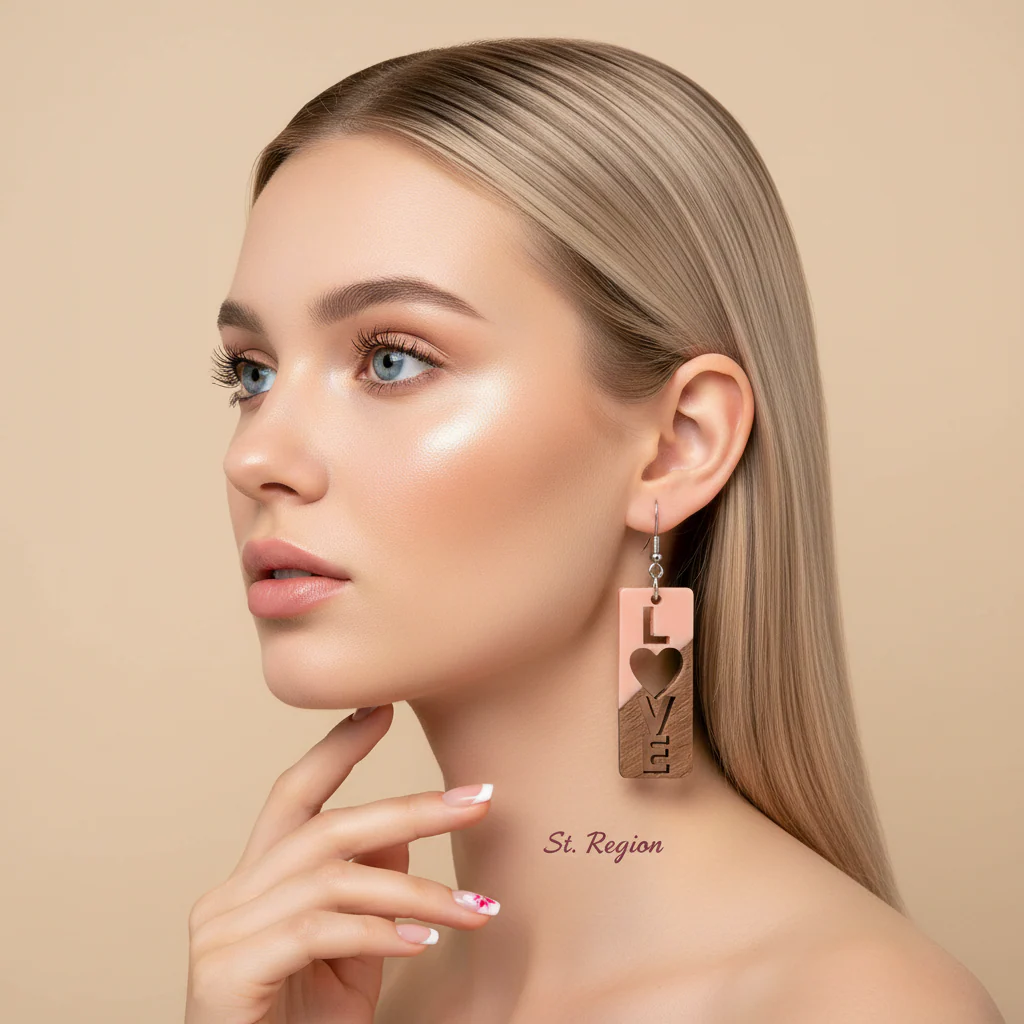 Pink Resin & Wood Silvertone 'Love' Hook Earrings - Image 5
