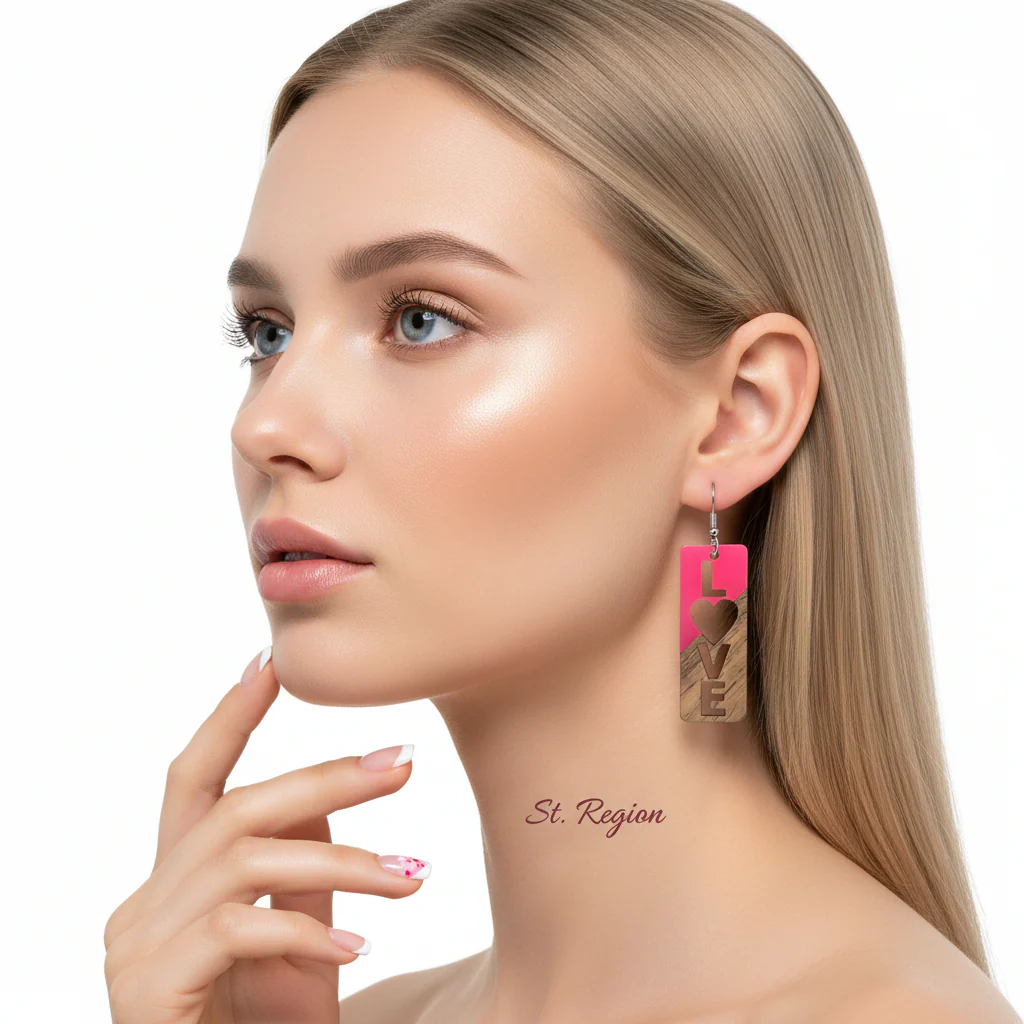 Rose Resin & Wood Silvertone 'Love' Hook Earrings - Image 5