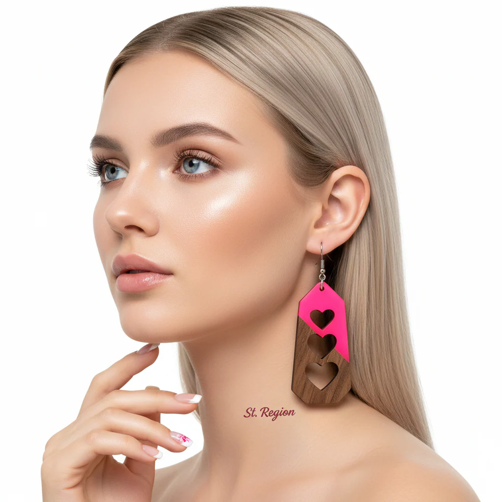 Rose Resin & Wood Silvertone Graduated Heart Hook Earrings - Image 5