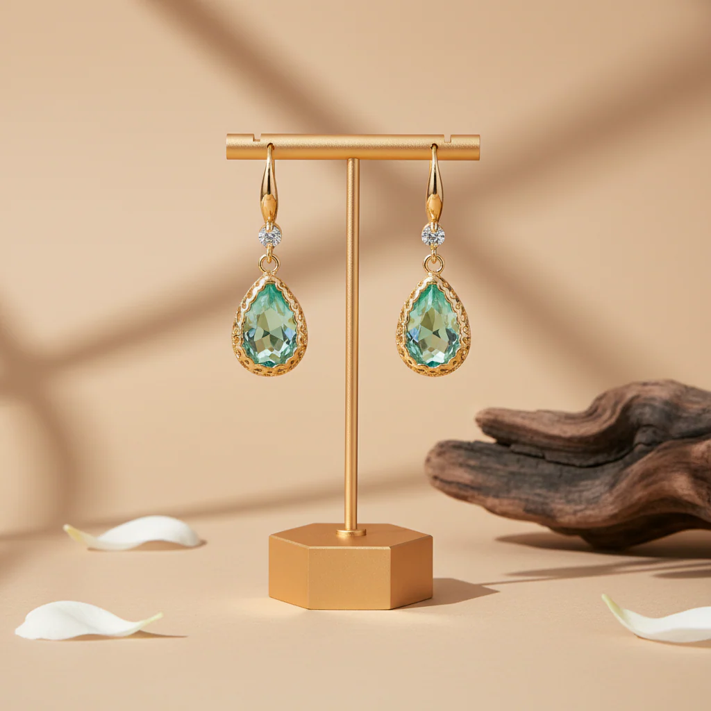 Green Crystal & Cubic Zirconia Goldtone Teardrop Hook Earrings - Image 3