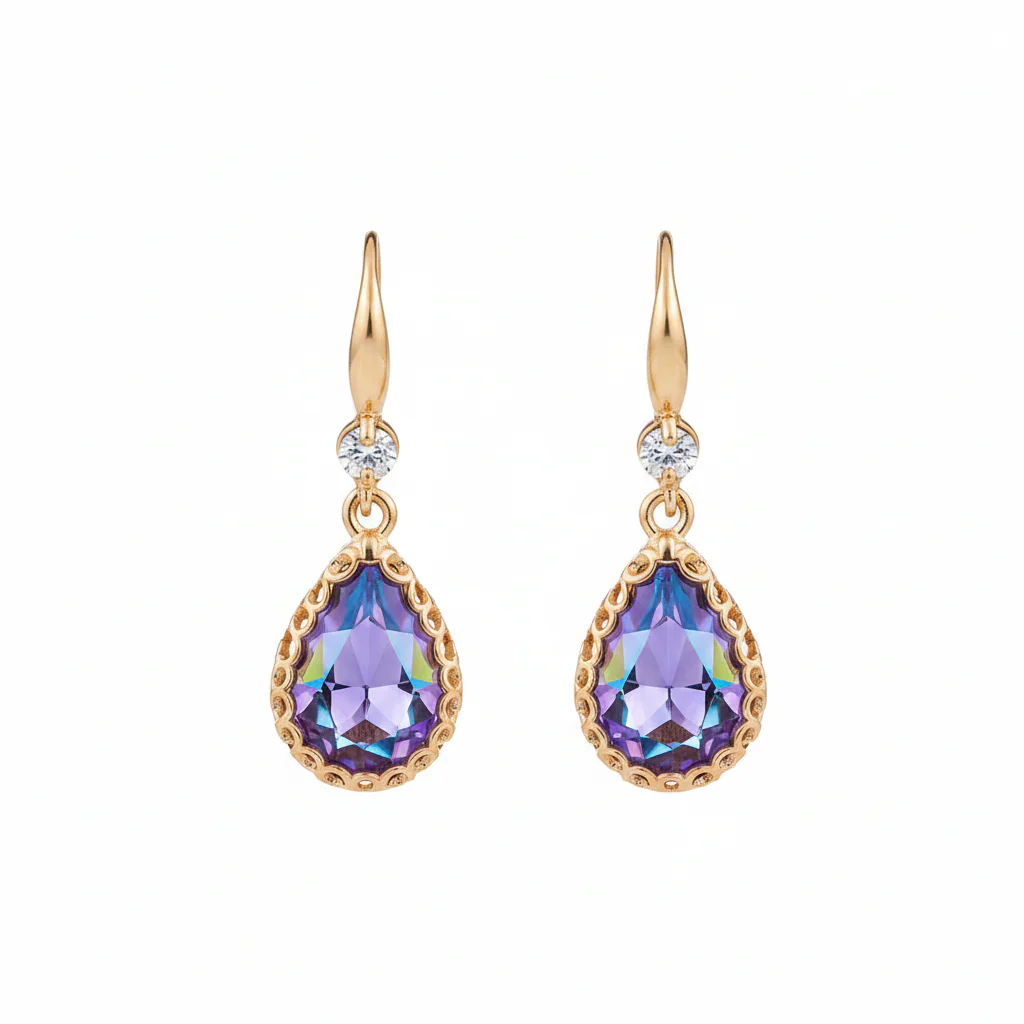 Purple Crystal & Cubic Zirconia Goldtone Teardrop Hook Earrings