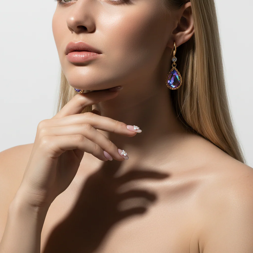 Purple Crystal & Cubic Zirconia Goldtone Teardrop Hook Earrings - Image 5