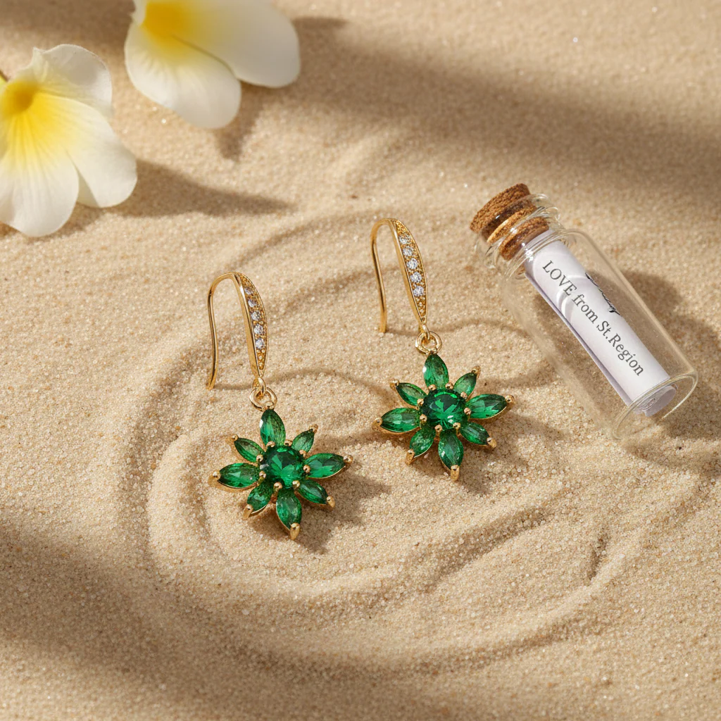 Green Crystal & Cubic Zirconia Goldtone Flower Hook Earrings - Image 4