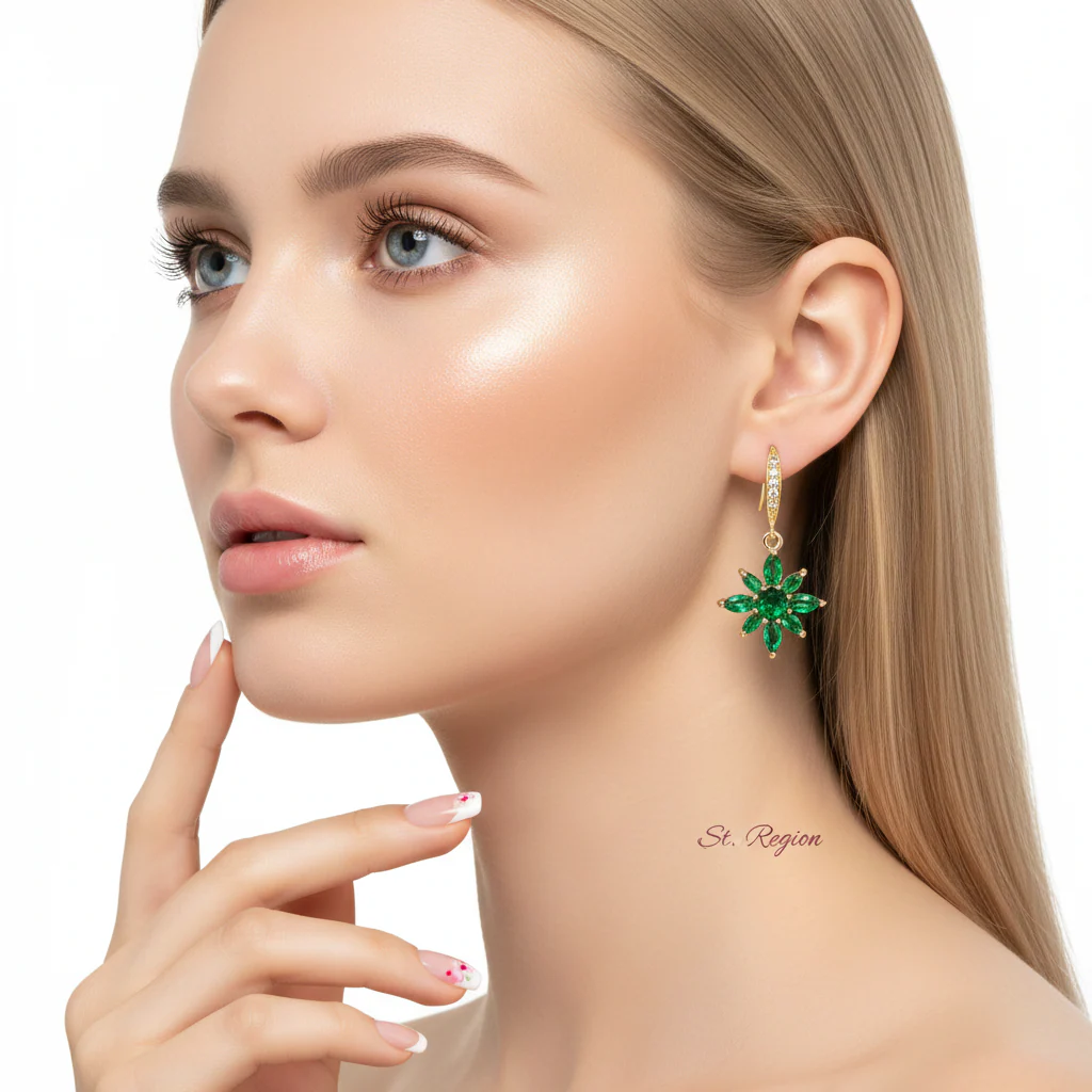 Green Crystal & Cubic Zirconia Goldtone Flower Hook Earrings - Image 5