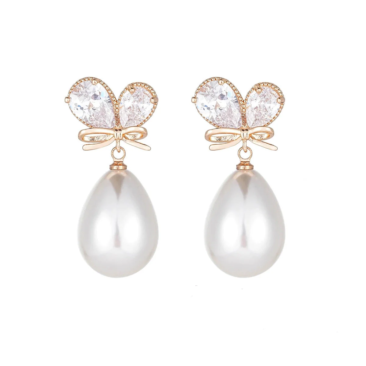 Pear Crystal & Pearl Goldtone Butterfly Drop Earrings