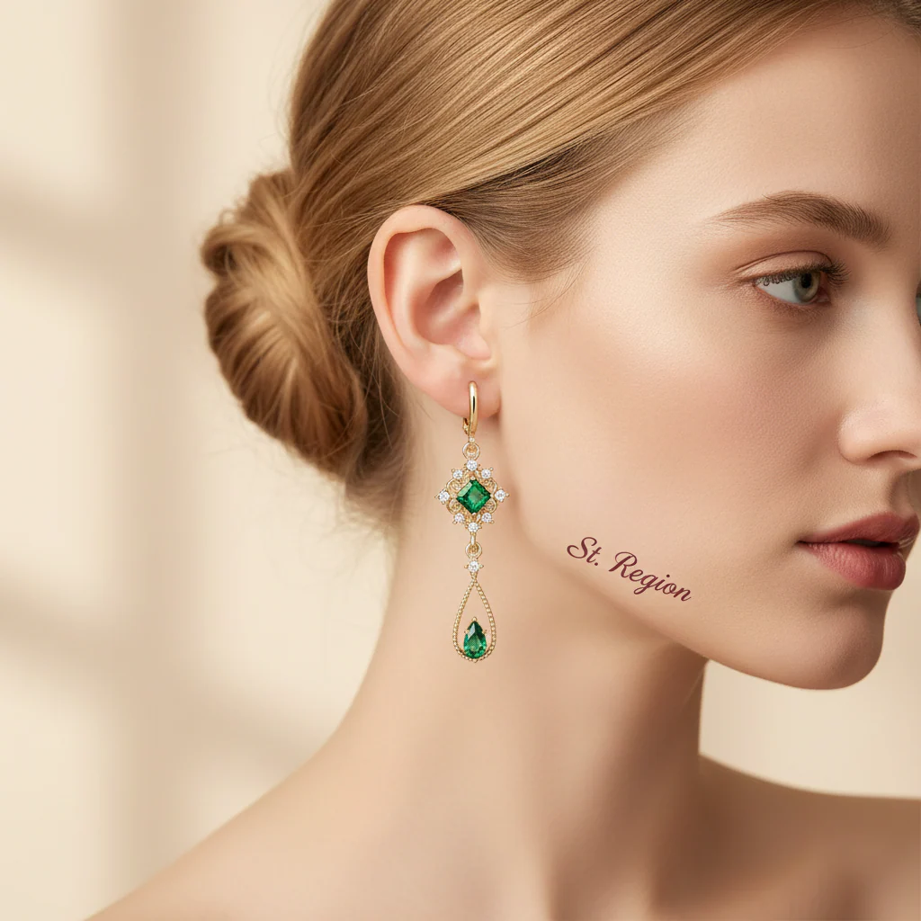 Emerald Crystal & Cubic Zirconia Goldtone Rhombus Drop Huggie Earrings - Image 5