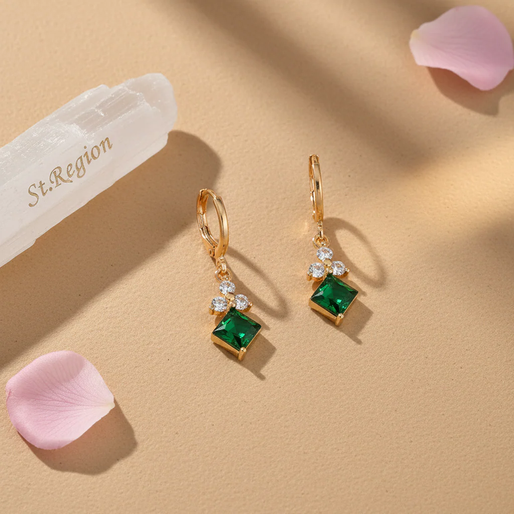 Emerald Crystal & Cubic Zirconia Goldtone Flower Rhombus Huggie Earrings - Image 3