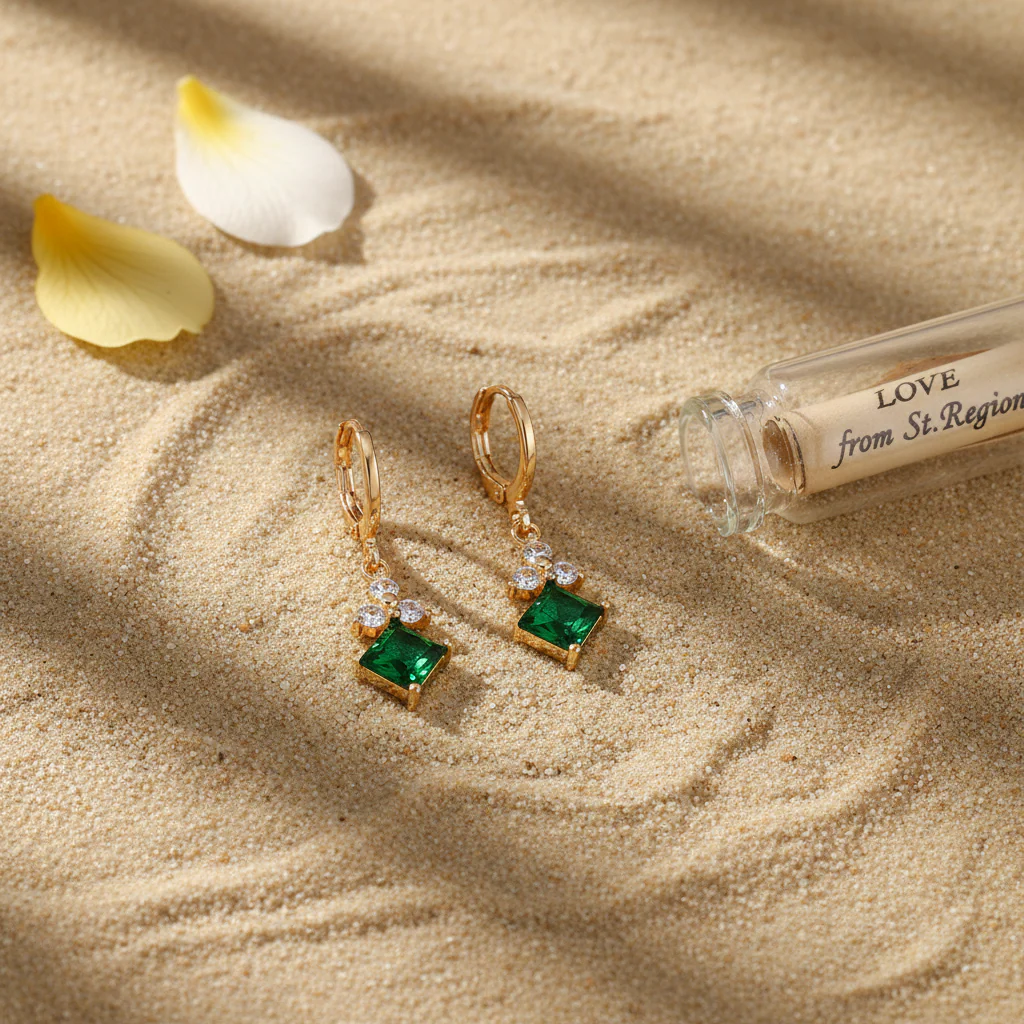 Emerald Crystal & Cubic Zirconia Goldtone Flower Rhombus Huggie Earrings - Image 4
