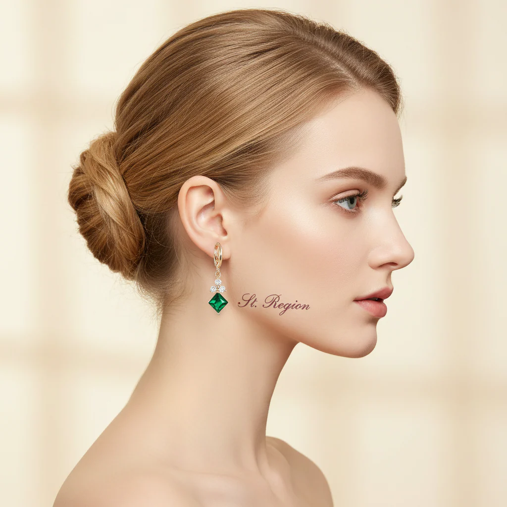Emerald Crystal & Cubic Zirconia Goldtone Flower Rhombus Huggie Earrings - Image 5