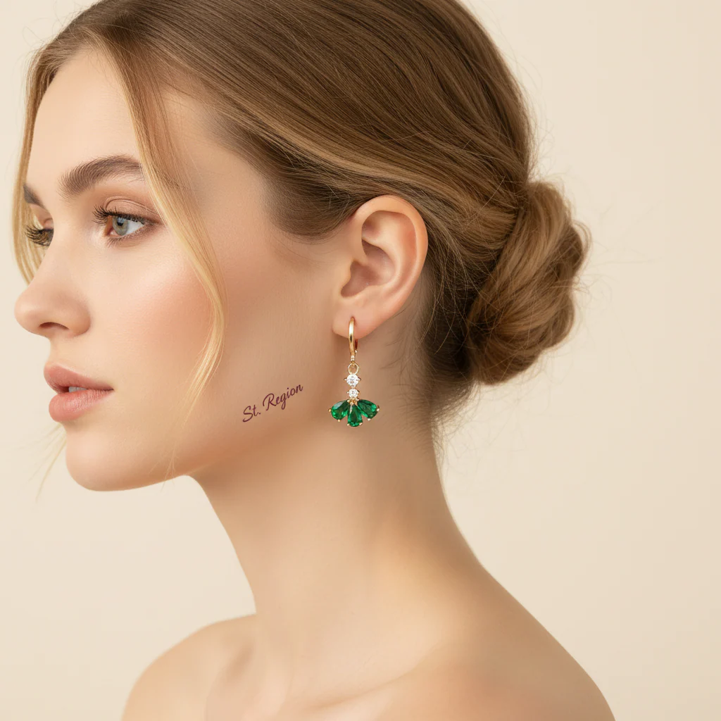 Emerald Crystal & Cubic Zirconia Goldtone Petals Huggie Earrings - Image 5