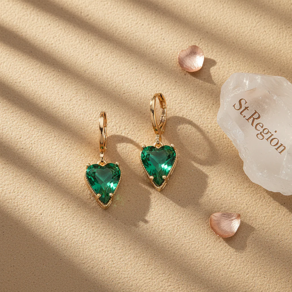 Emerald Crystal & Goldtone Heart Huggie Earrings - Image 3