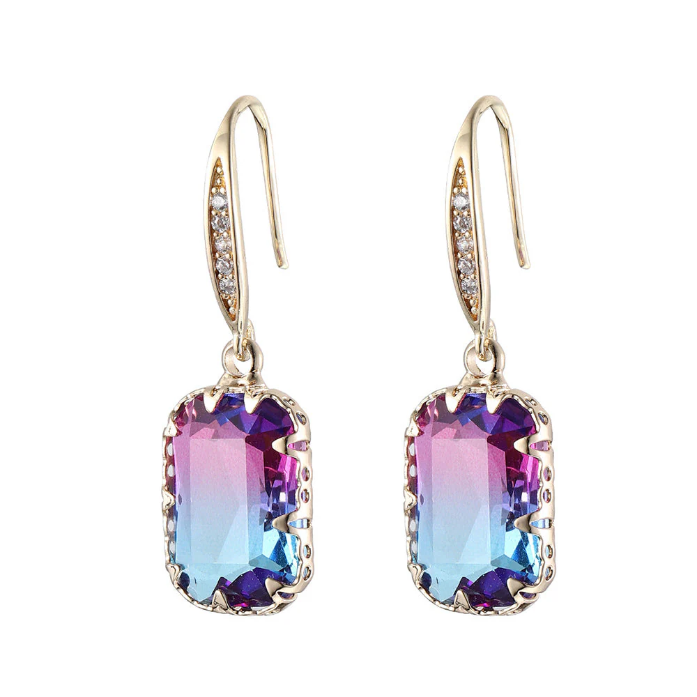 Purple Crystal & Cubic Zironcia Goldtone Rectangle Hook Earrings