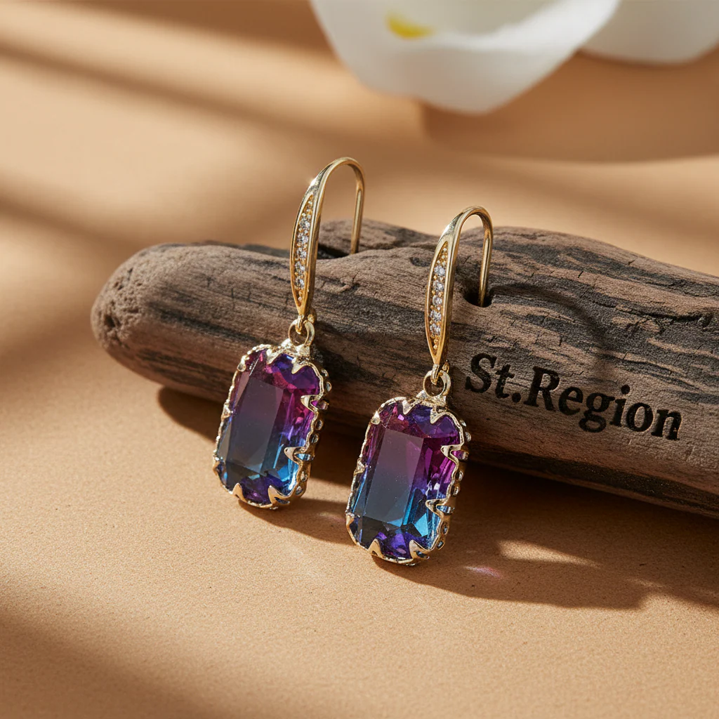 Purple Crystal & Cubic Zironcia Goldtone Rectangle Hook Earrings - Image 2