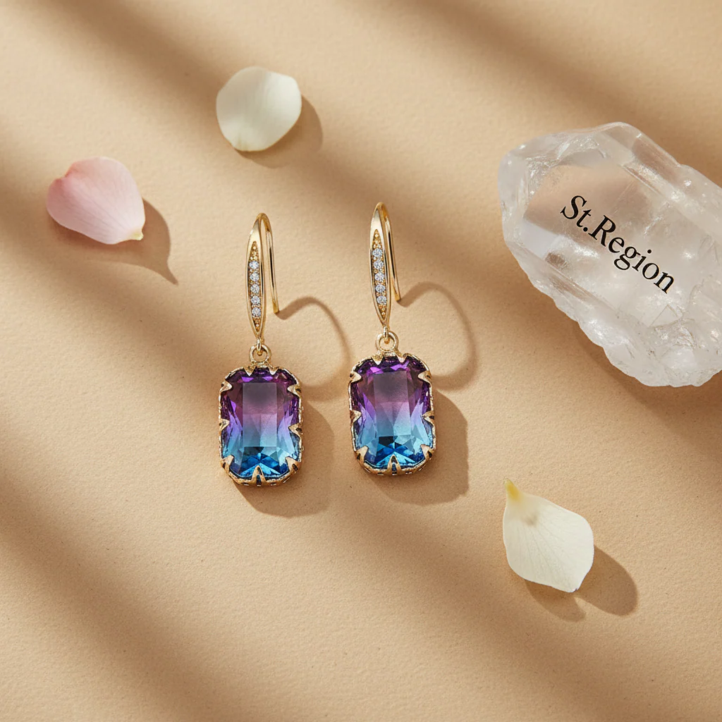 Purple Crystal & Cubic Zironcia Goldtone Rectangle Hook Earrings - Image 3