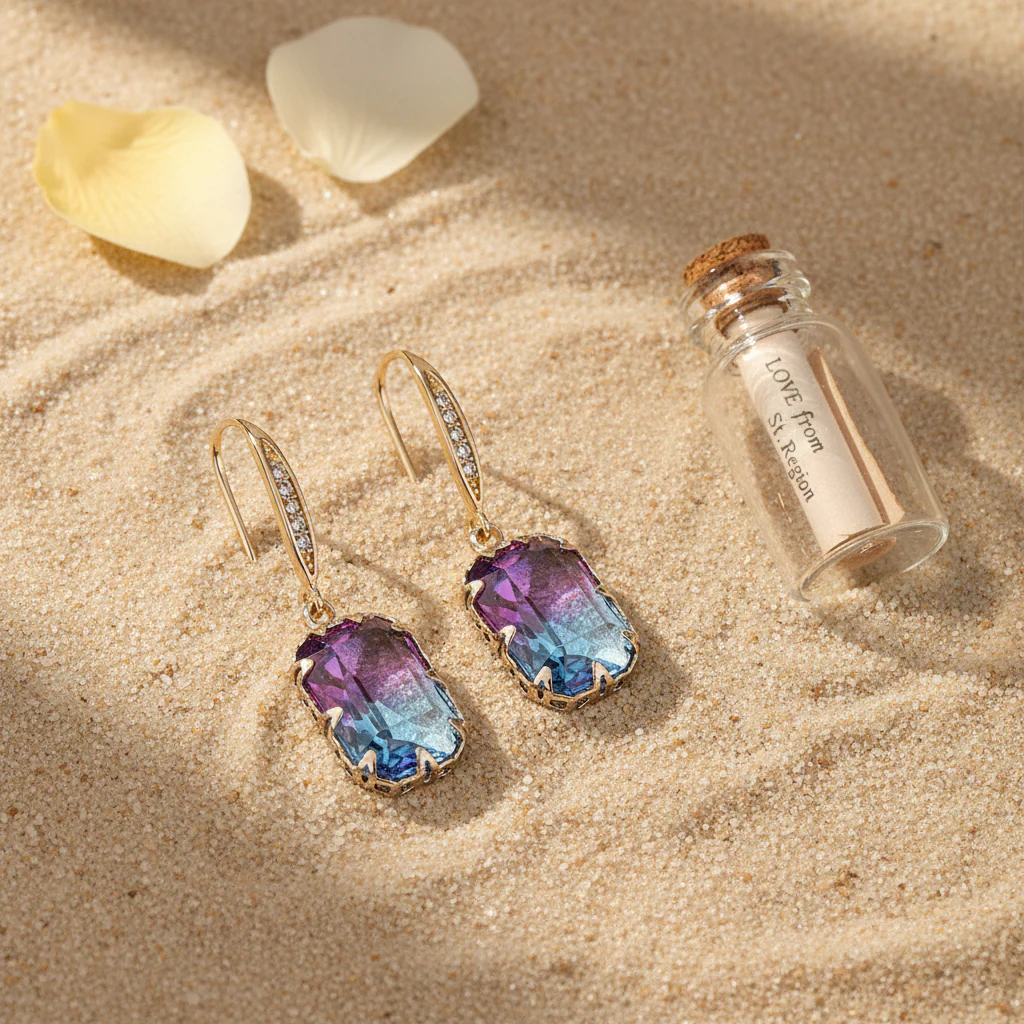 Purple Crystal & Cubic Zironcia Goldtone Rectangle Hook Earrings - Image 4
