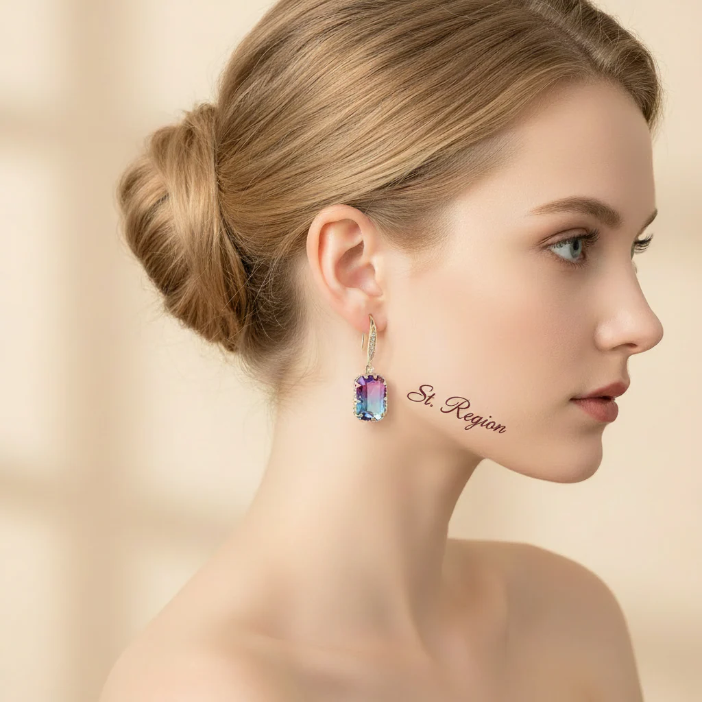 Purple Crystal & Cubic Zironcia Goldtone Rectangle Hook Earrings - Image 5