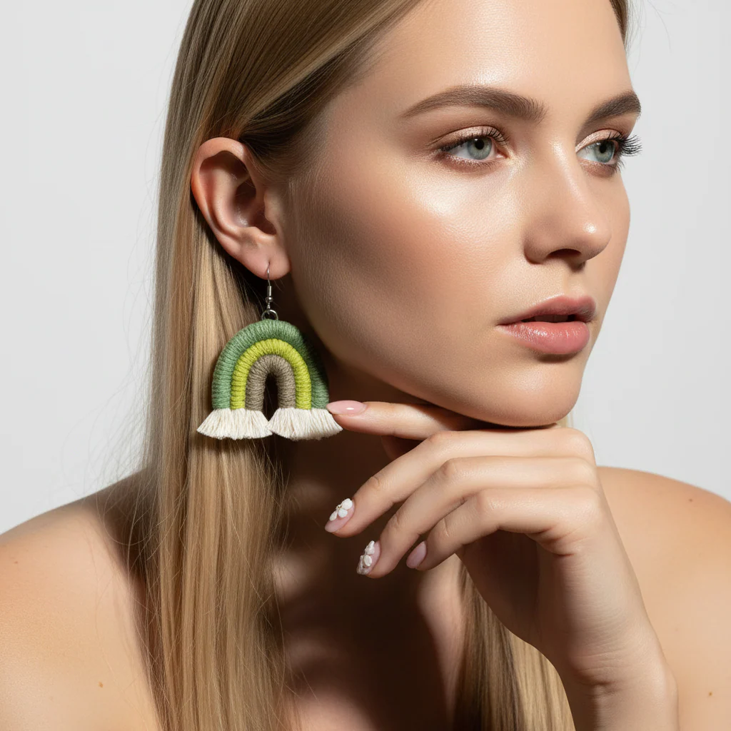 Green Multi-Colored Yarn & Silvertone Rainbow Tassel Hook Earrings - Image 5
