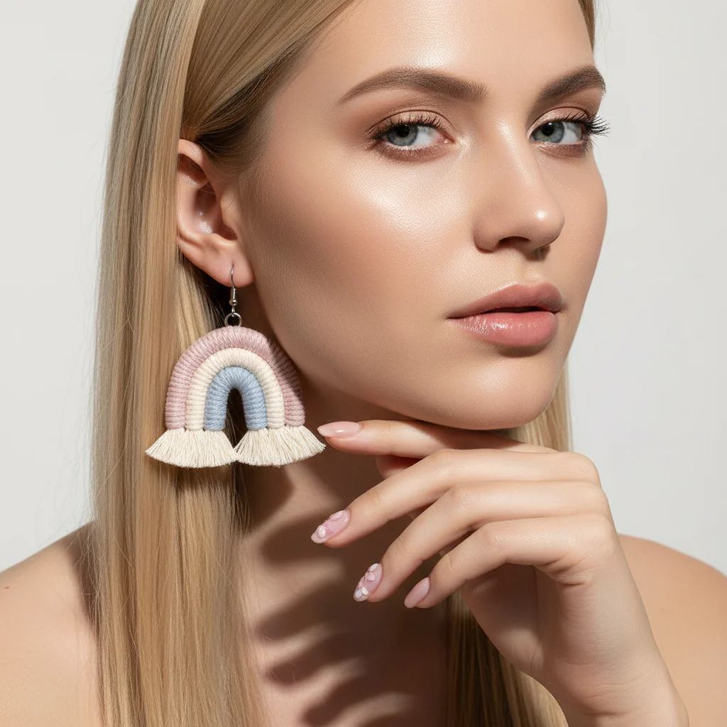Light Purple Multi-Colored Yarn & Silvertone Rainbow Tassel Hook Earrings - Image 5