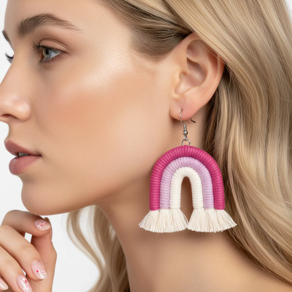 Rose & Pink Yarn Silvertone Rainbow Tassel Hook Earrings - Image 4