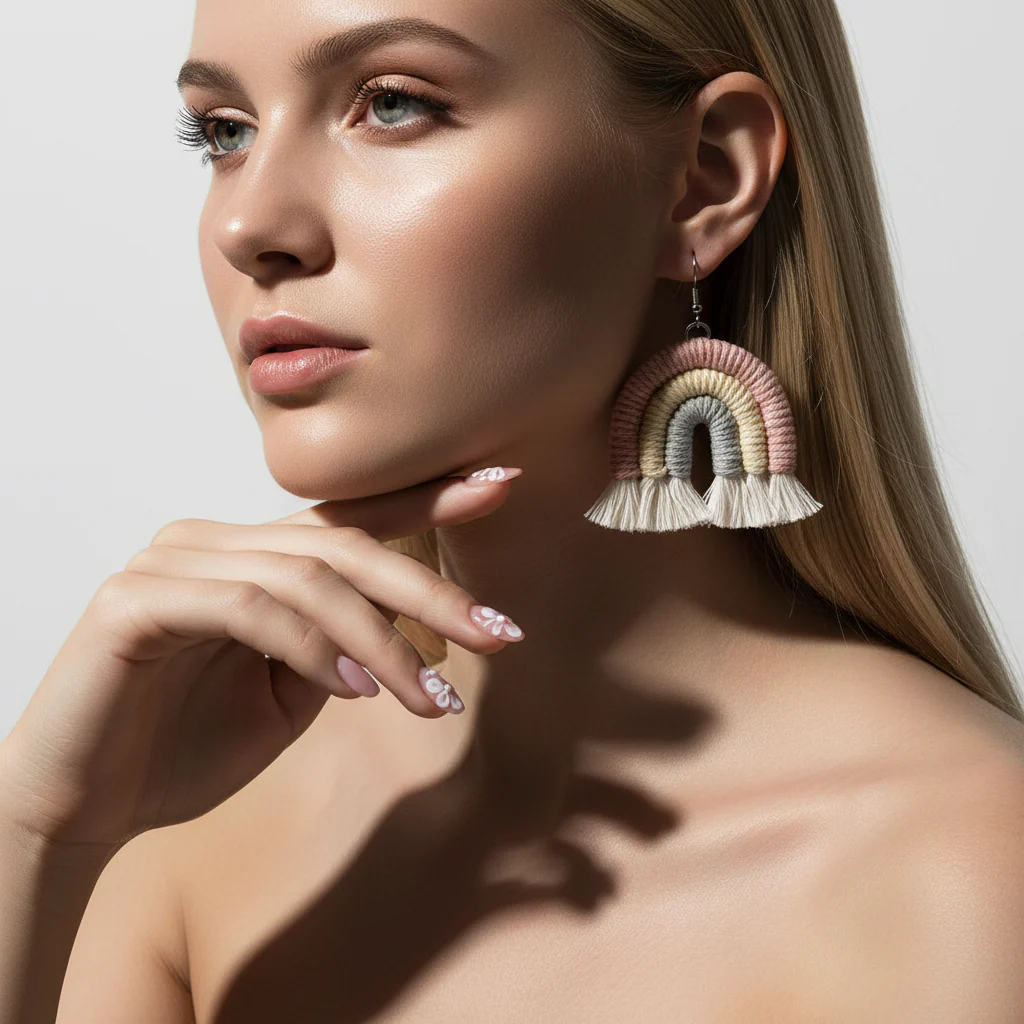 Pink Multi-Colored Yarn & Silvertone Rainbow Tassel Hook Earrings - Image 5